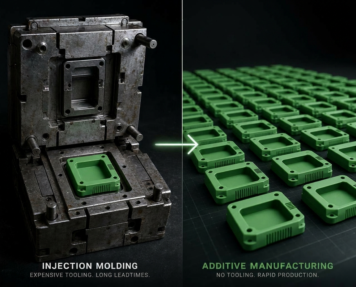 Split-screen comparison: a single heavy steel injection mold with one green plastic enclosure part versus a full grid of identical green 3D-printed parts under additive manufacturing printer nozzles — showing the shift from expensive tooling to limitless scale