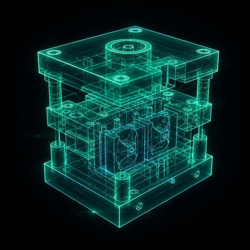 Green holographic wireframe digital twin of an injection mold above a server rack